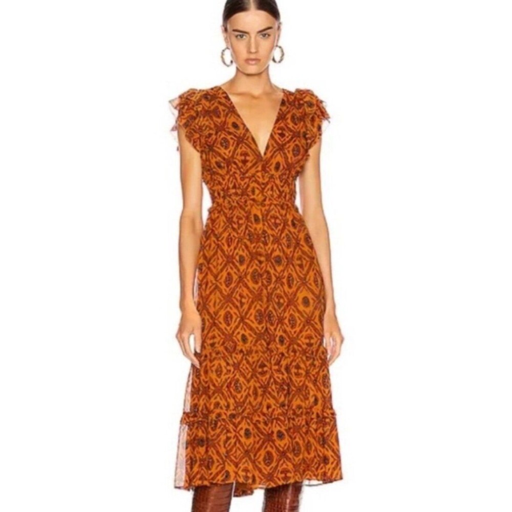 Ulla Johnson Anika Midi Silk Dress Ochre Indian Floral Ruffles tiered skirt 10